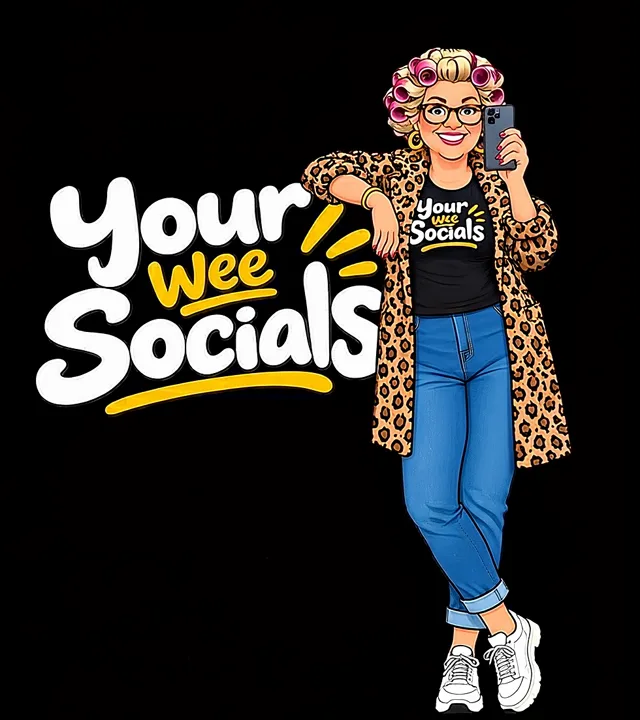 Our granny in pink rollers and a leopard coat, leaning on the Your Wee Socials logo with her phone
